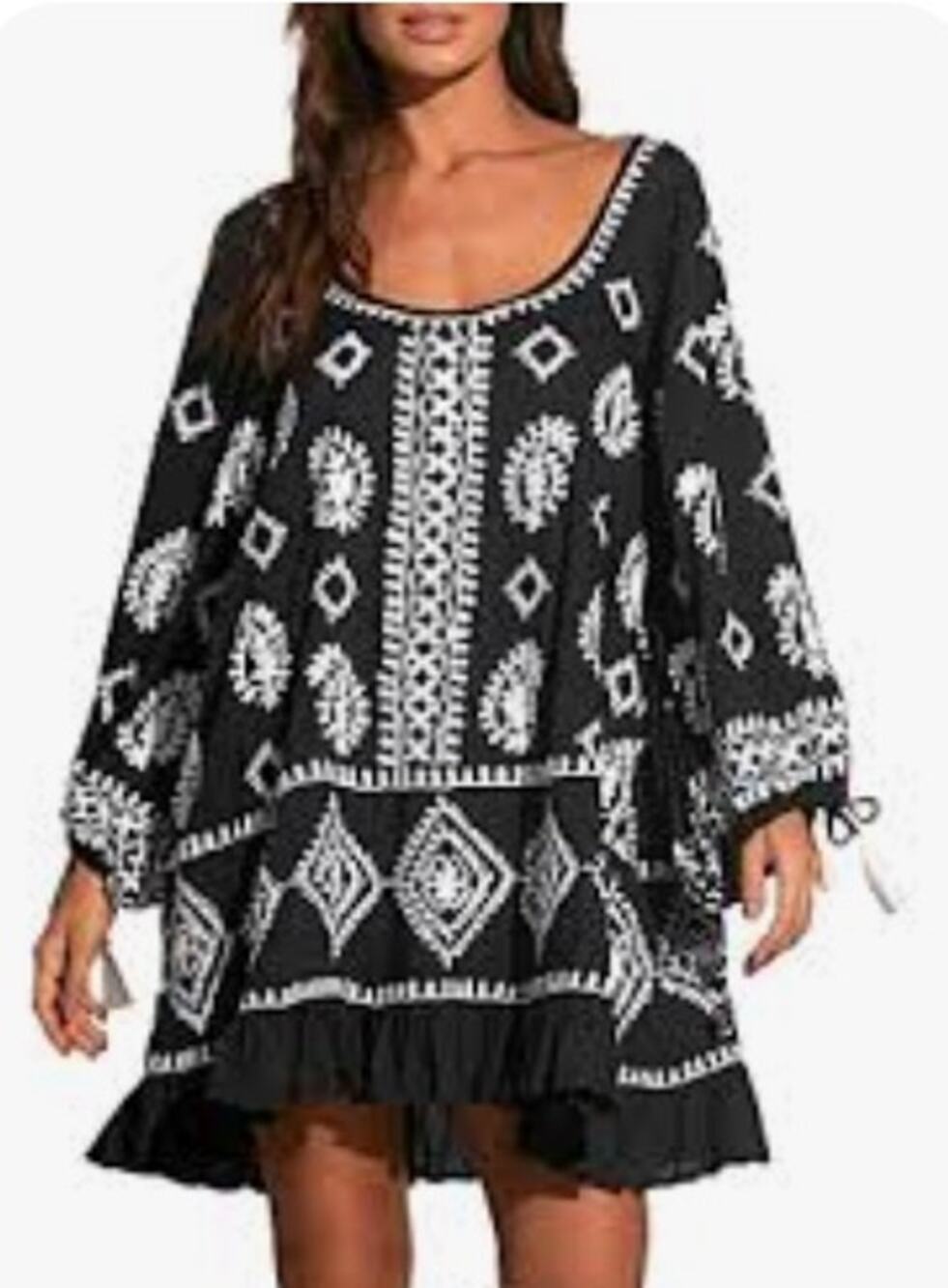 Elan Womens XS Black White Embroidered Scoop Neck Boho Mini Dress